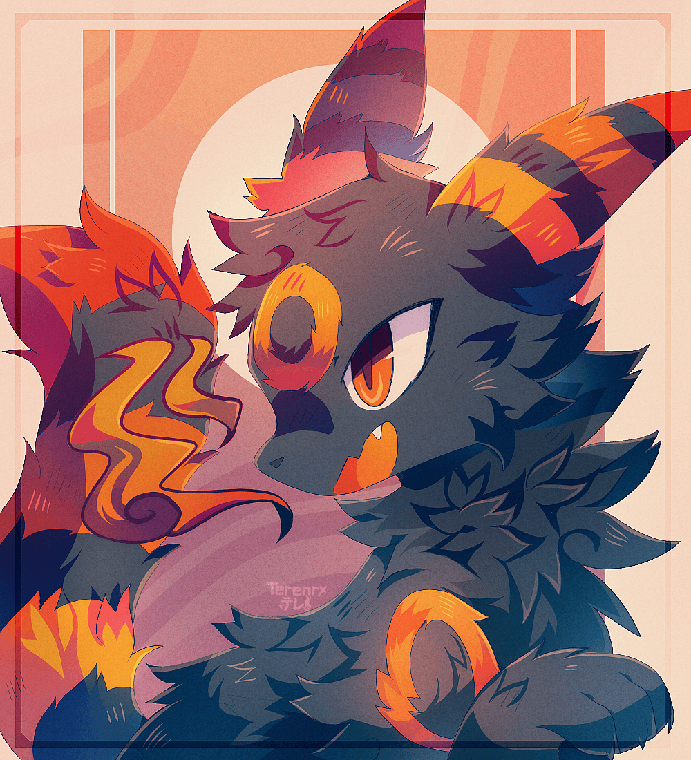 melon's profile art: a dark, fluffy creature with ember-striped ears breathing a curl of fire in front of a pale sun